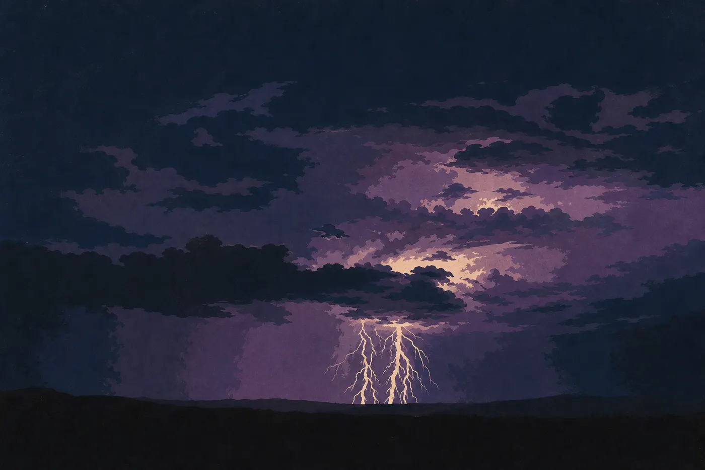 Illustration sérigraphiée : Un orage d’été et ses éclairs balayant le désert de Chihuahua sous de vastes nuages sombres.