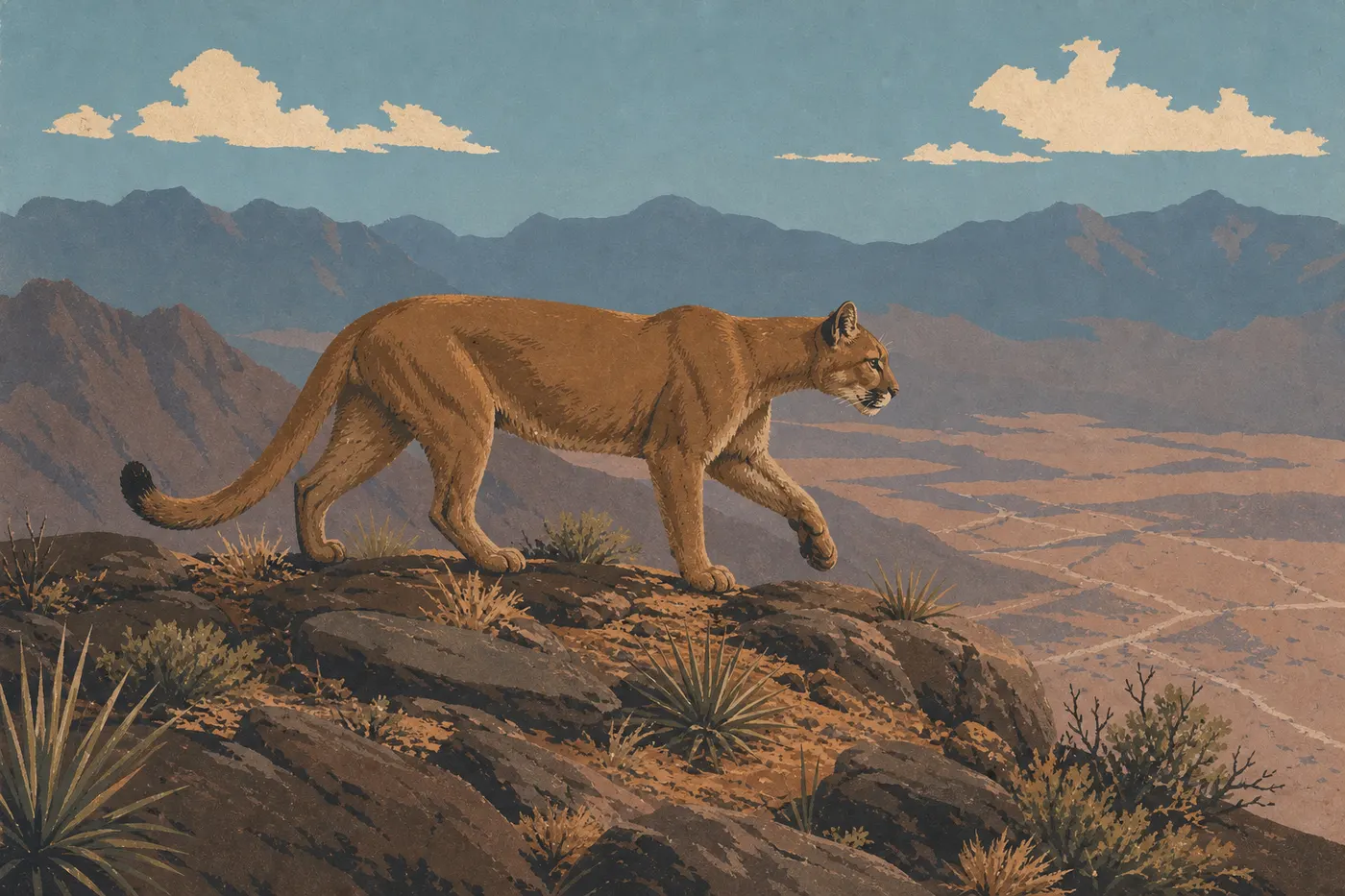 Screen-printed illustration: A mountain lion moves along a ridge in the Chisos Mountains above the park's desert valleys.