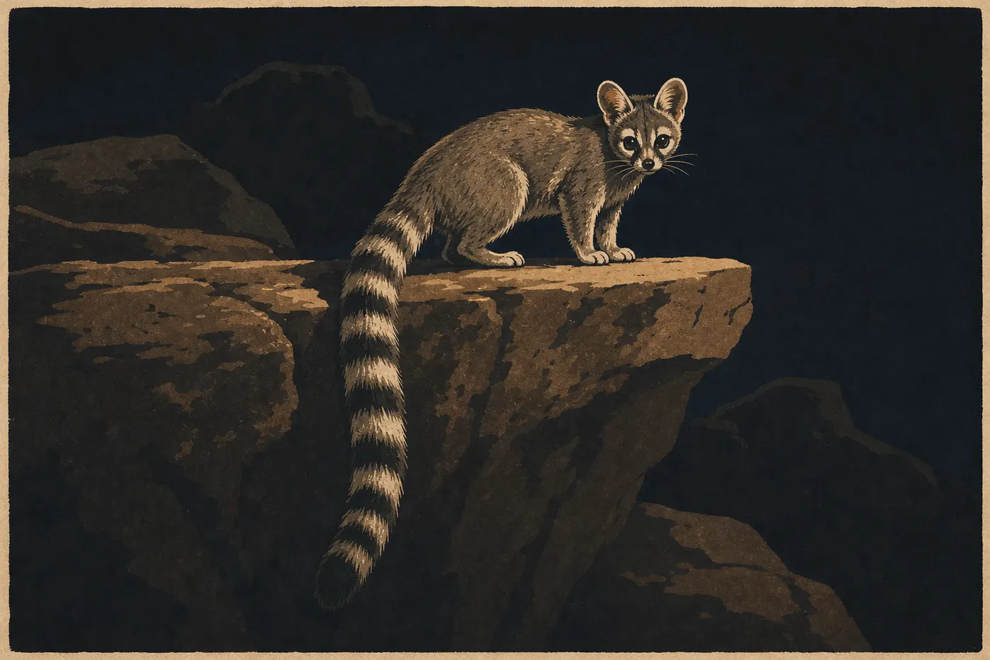 Screen-printed illustration: A nocturnal ringtail perches on a rocky ledge, its long banded tail hanging over the edge.