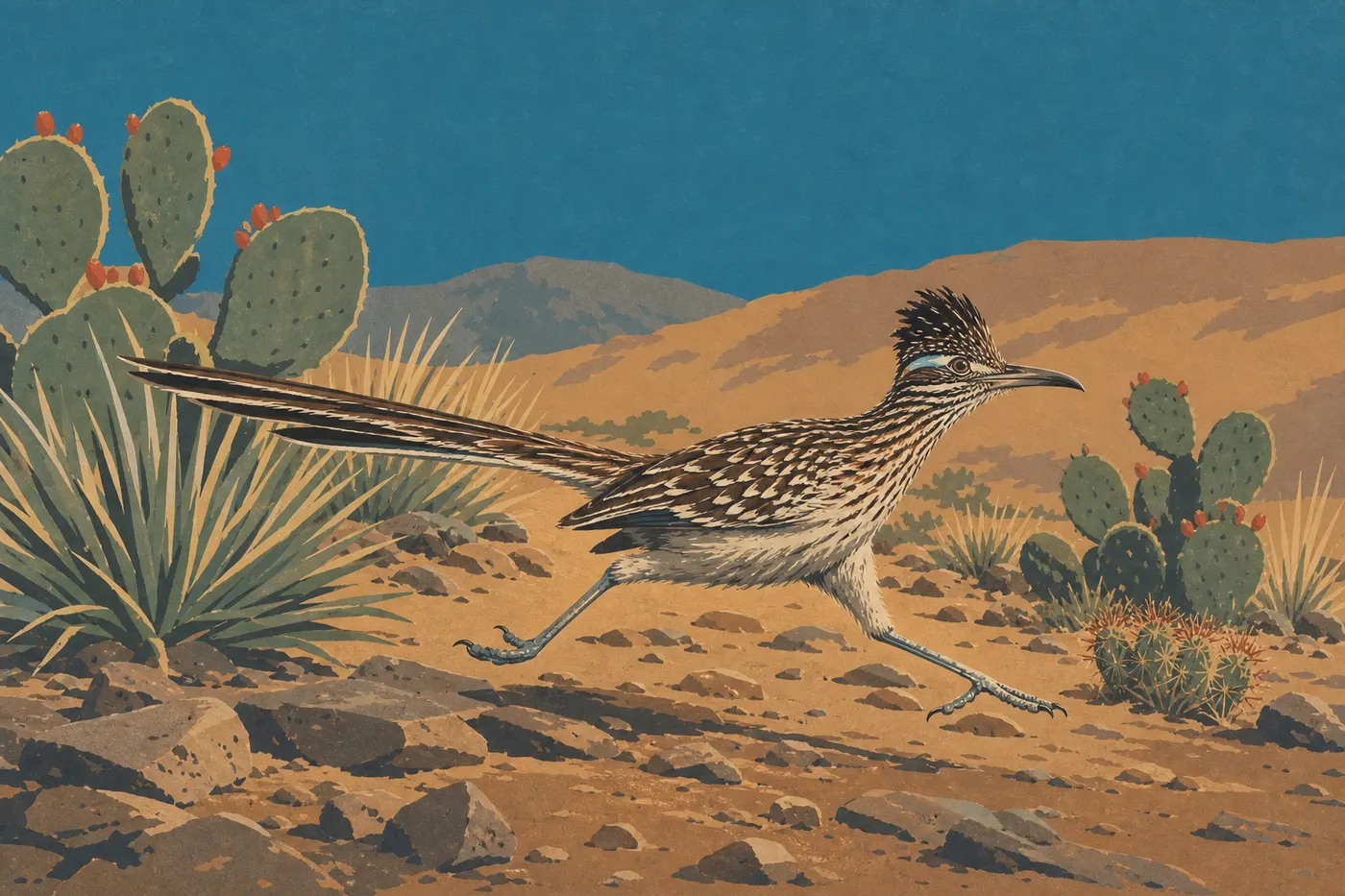 Screen-printed illustration: A greater roadrunner runs among stones, agaves, and cacti in the Chihuahuan Desert.