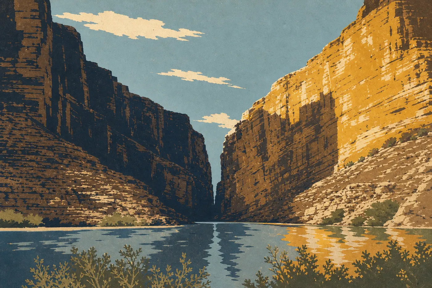Illustration sérigraphiée : Le Rio Grande pénétrant dans Santa Elena Canyon entre deux immenses parois calcaires verticales.