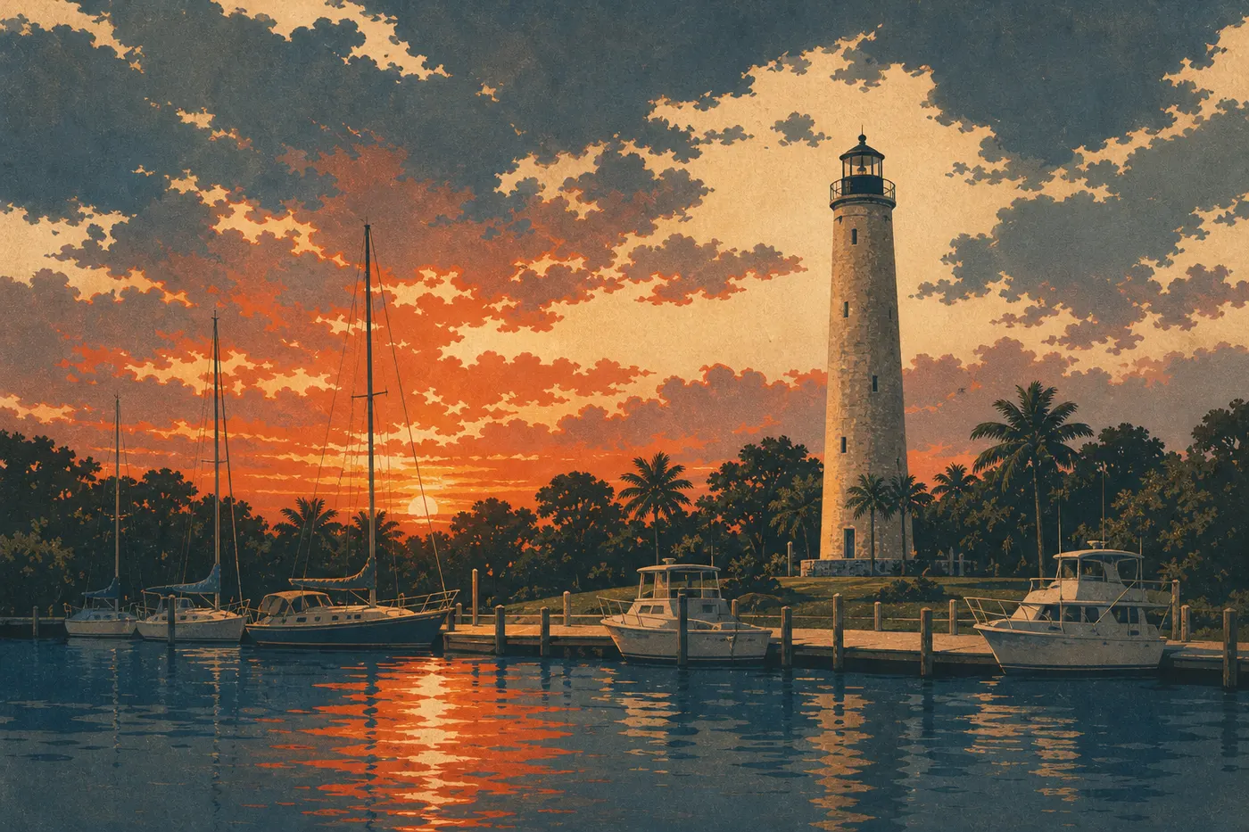 Screen-printed illustration: An autumn sunset sets the harbor and Boca Chita Lighthouse aglow after the rains pass.
