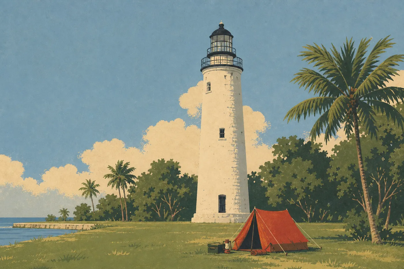 Illustration sérigraphiée : Un petit campement sur la pelouse de Boca Chita Key se découpe devant le phare historique.