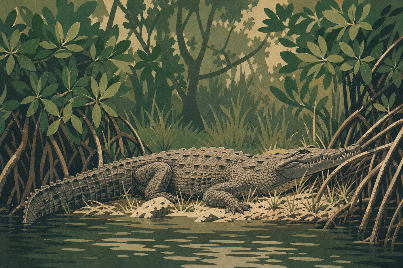 Illustration sérigraphiée : Un crocodile américain repose sur une berge claire au pied des mangroves du littoral de Biscayne.