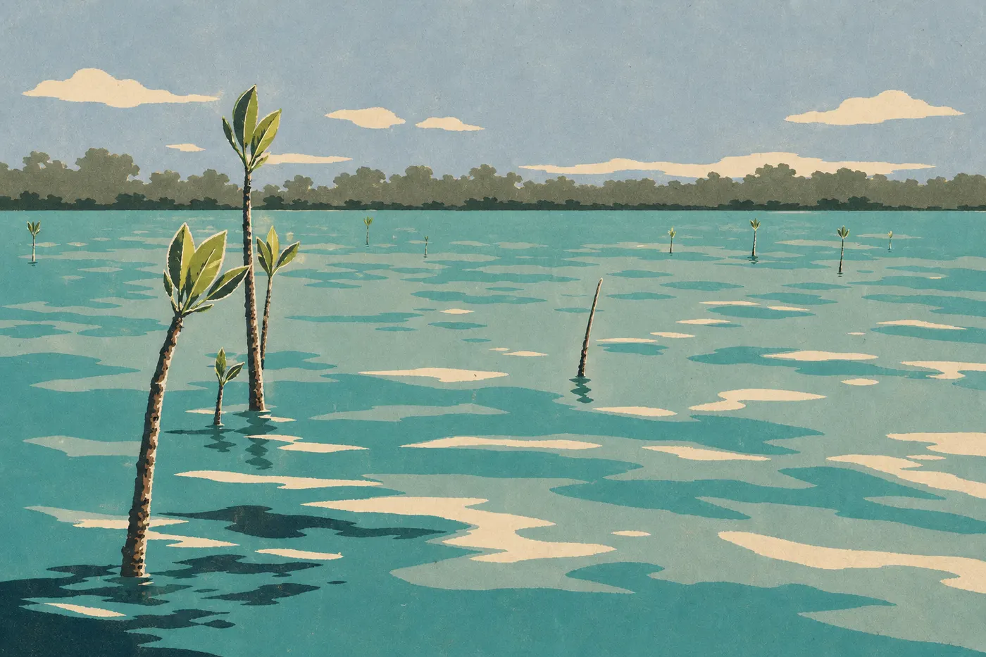 Screen-printed illustration: In spring, turquoise waters and bright new growth surround the mangroves of Jones Lagoon.