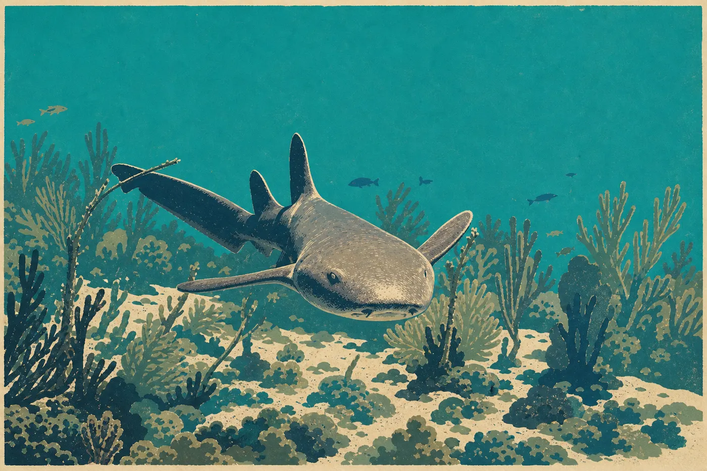 Illustration sérigraphiée : Un requin dormeur repose sur le fond sableux près d'un récif corallien et de bancs de poissons.