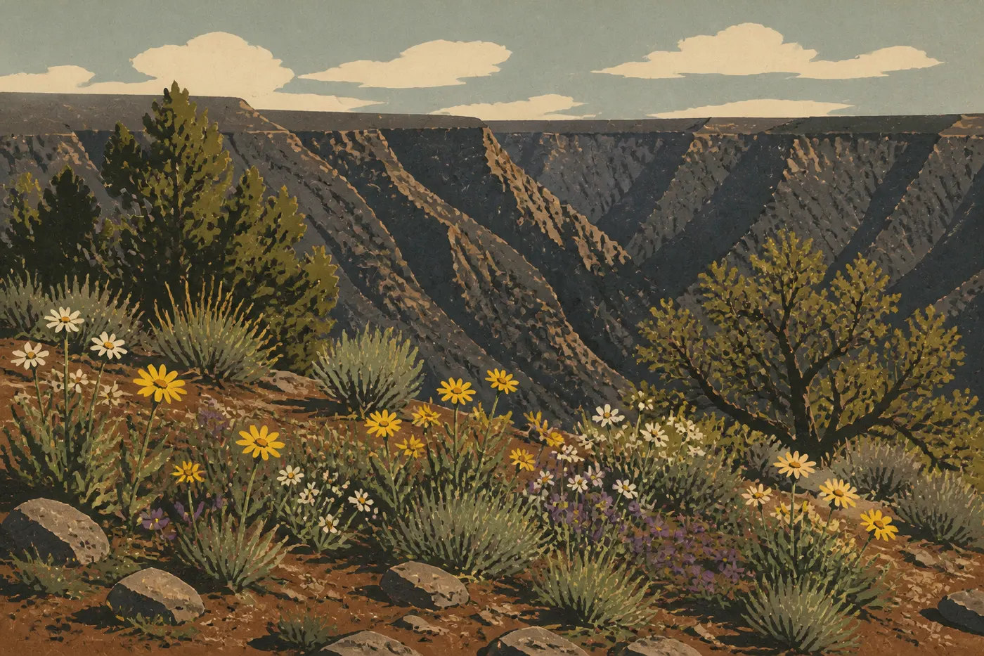 Screen-printed illustration: Spring (March, April, May)