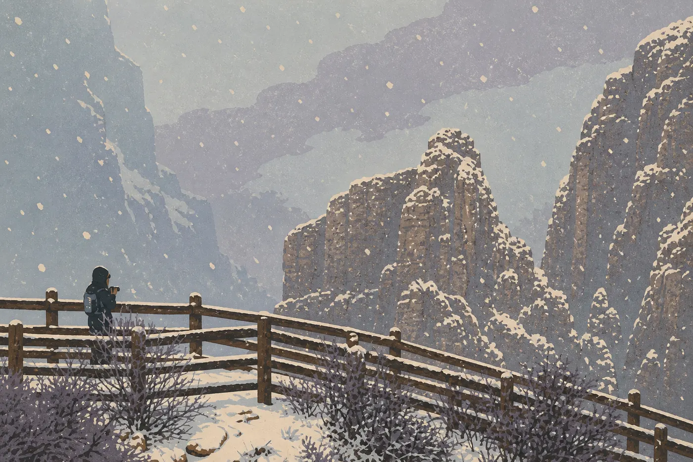 Screen-printed illustration: Winter (December, January, February)