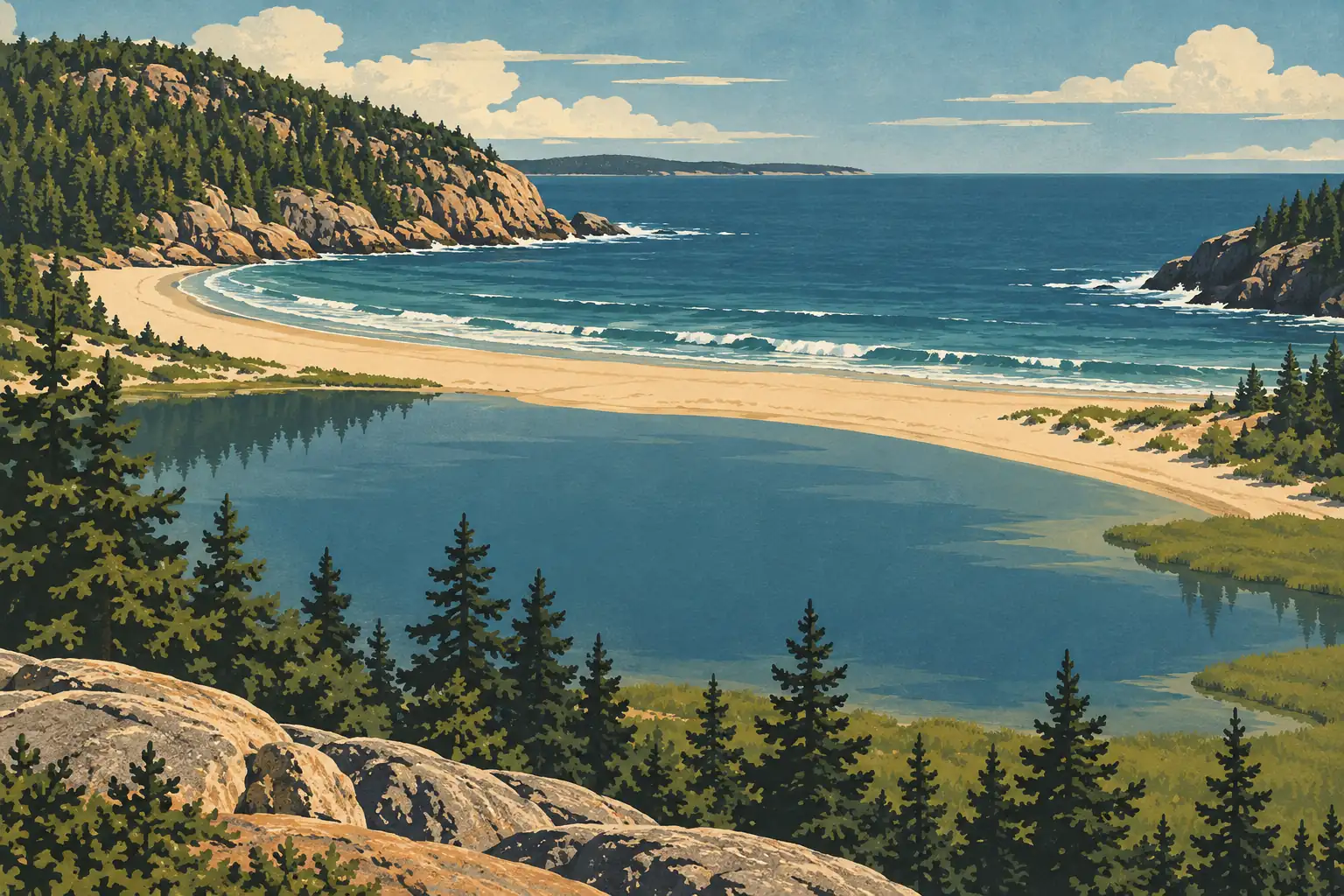 Coastal bay bordered by wooded cliffs, with a sandy beach, ocean waves and a lagoon behind a row of pine trees