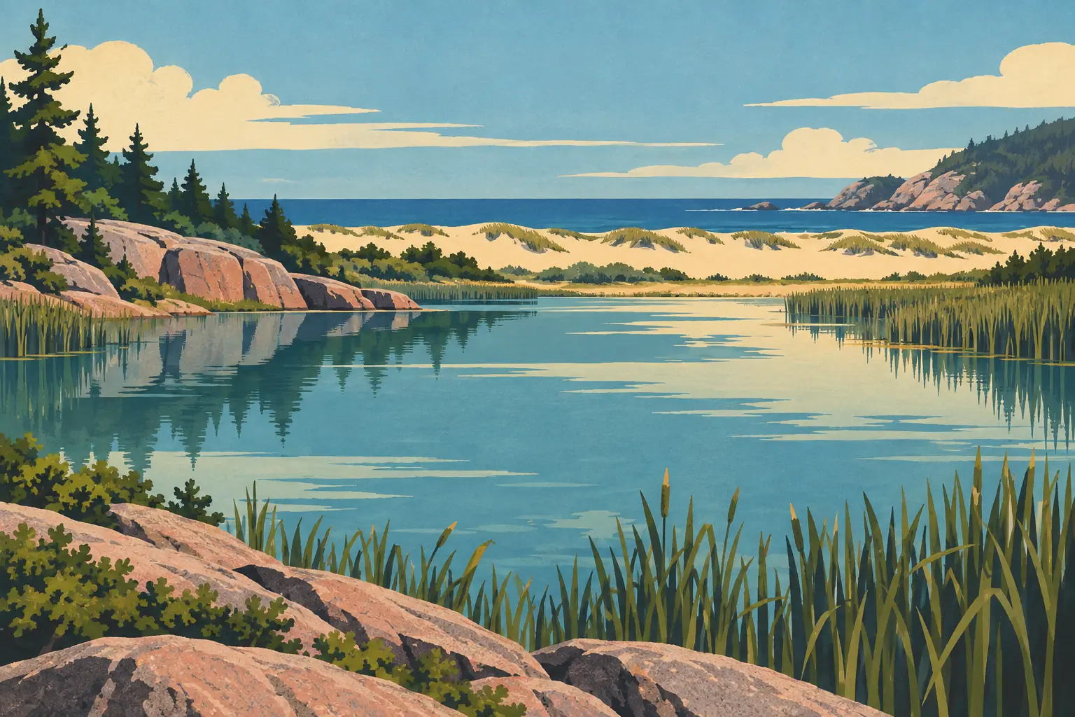 Calm lagoon edged by reeds and pink rocks, with sand dunes, pine trees, blue ocean and a rocky coast in the distance