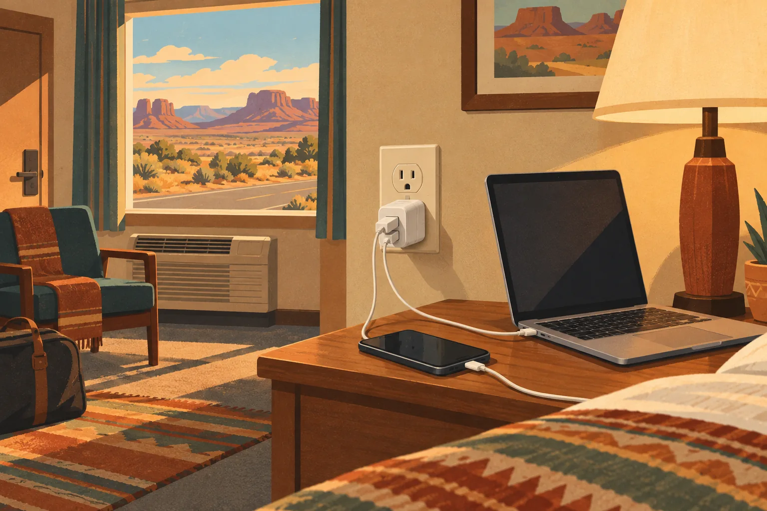 Hotel room with a charging laptop and phone, wall adapter, bedside lamp, and a view of a desert landscape