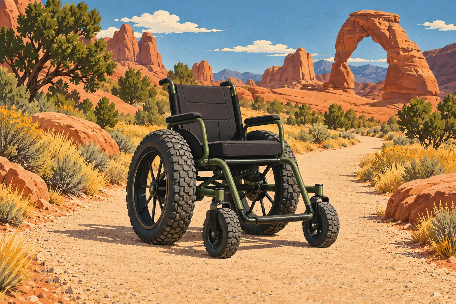 Fauteuil roulant tout-terrain sur un sentier désertique, face aux arches et falaises rouges sous un ciel bleu
