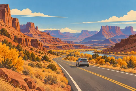 A car travels along a winding road through a desert canyon, amid yellow trees, red cliffs and a river