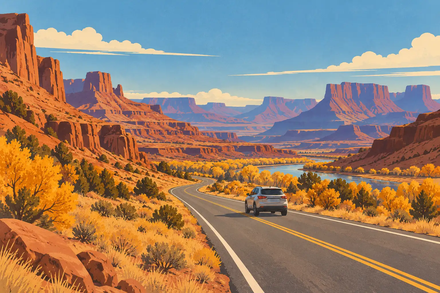 A car travels along a winding road through a desert canyon, amid yellow trees, red cliffs and a river