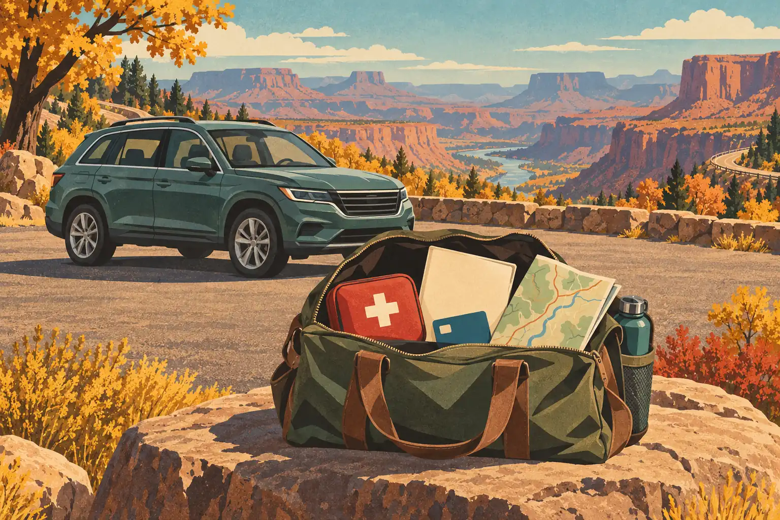 Open travel bag with a first-aid kit, map and documents beside an SUV parked at an autumn canyon overlook