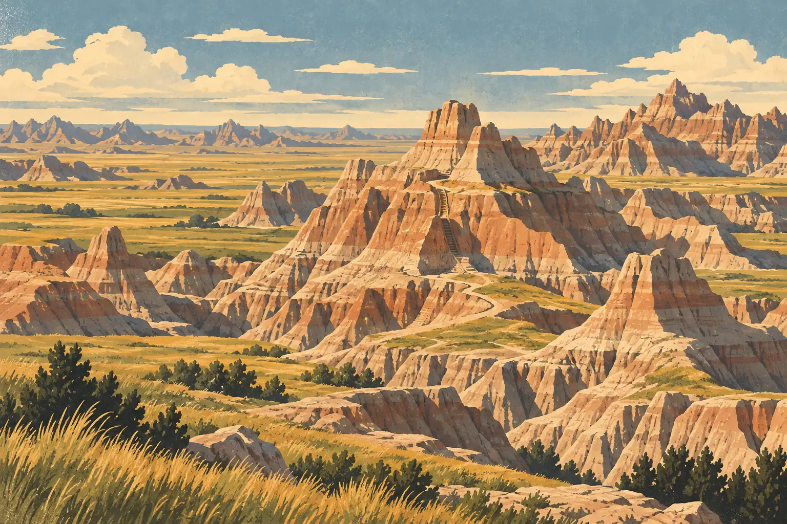Panorama des Badlands avec falaises stratifiées, prairie dorée, arbustes sombres et sentier sinueux sous un ciel nuageux