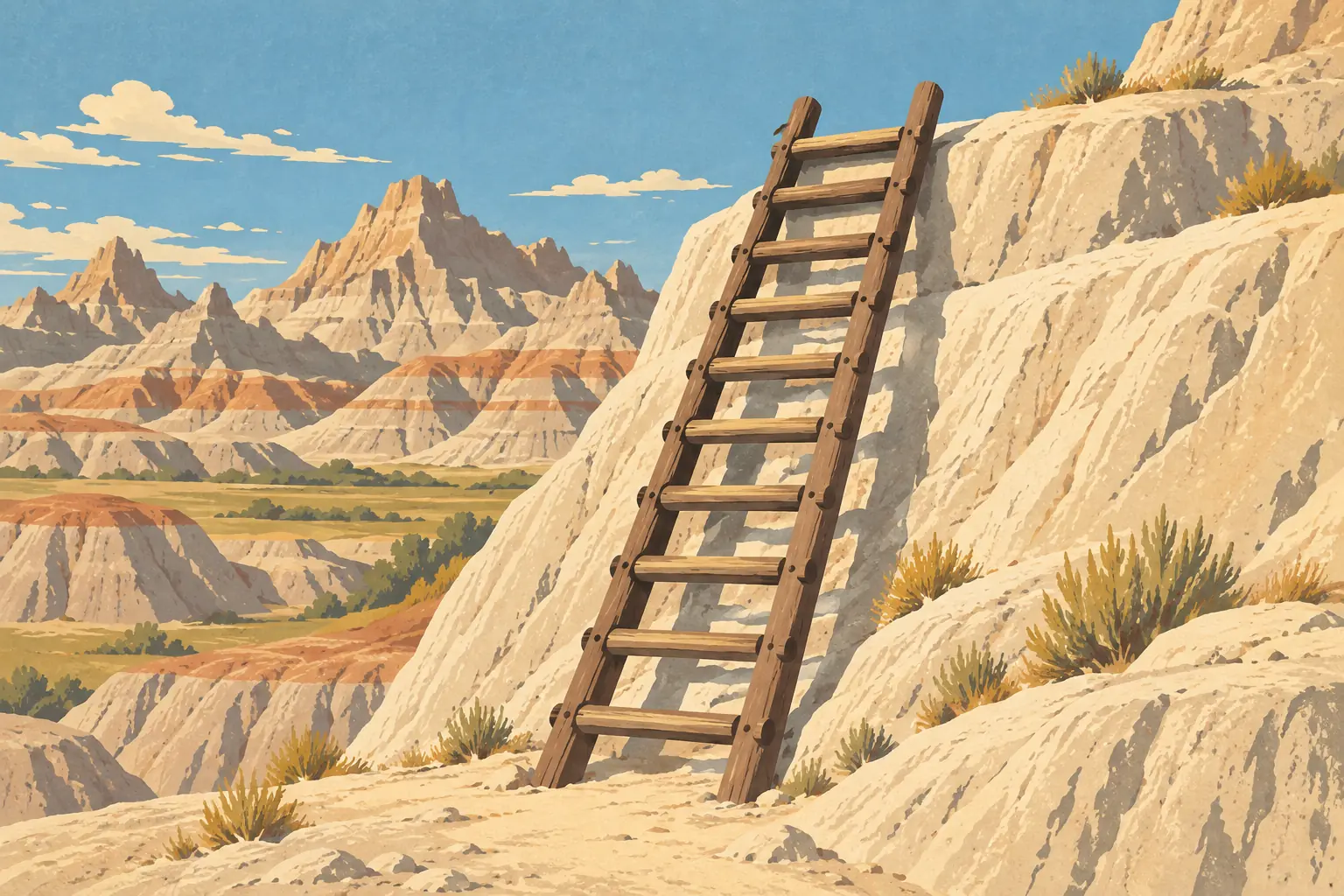 Une grande échelle en bois gravit une pente rocheuse claire, devant les formations escarpées et colorées des Badlands