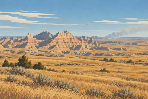 Prairie dorée parsemée d’arbustes devant des formations rocheuses stratifiées, avec une fumée grise à l’horizon sous un ciel bleu