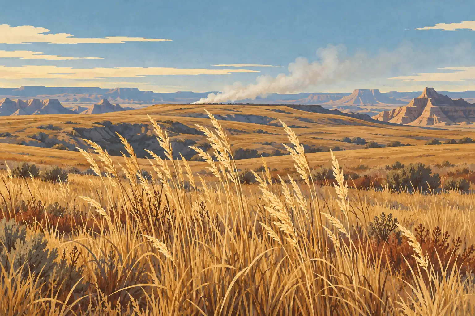 Hautes herbes dorées au premier plan, prairie et reliefs rocheux à l’horizon, avec un panache de fumée sous un ciel bleu