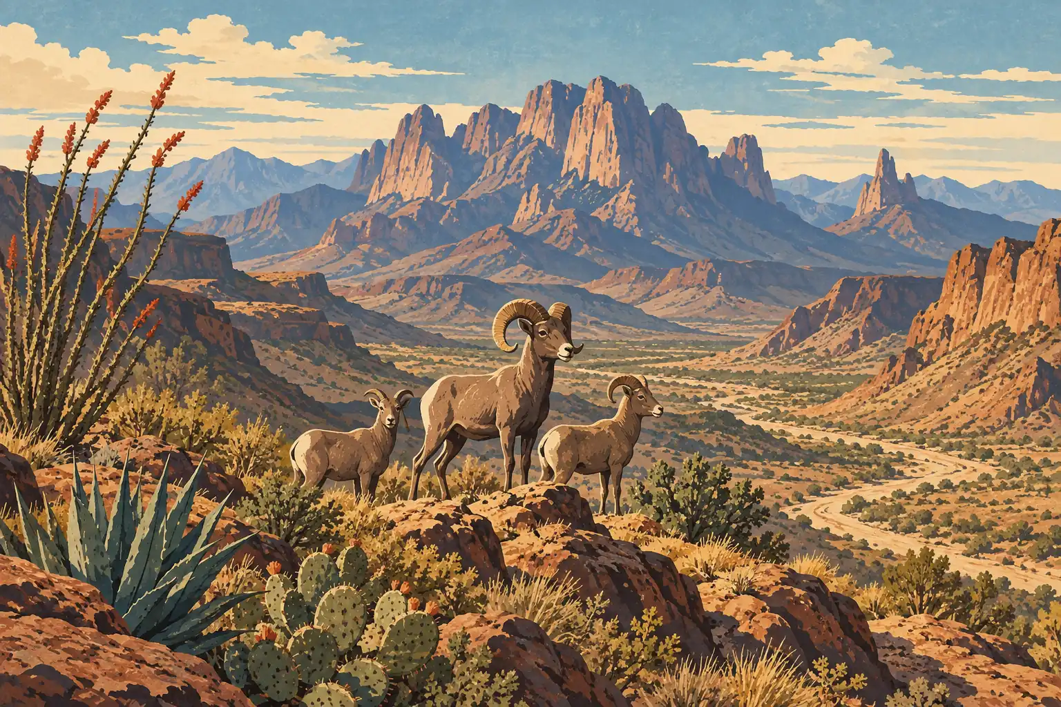 Three bighorn sheep stand on a rocky slope among cacti, overlooking a vast desert valley surrounded by rugged mountains
