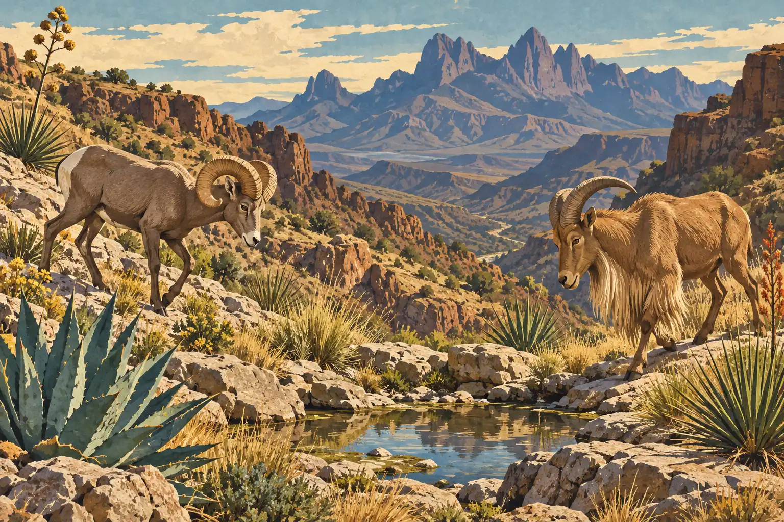 Two bighorn sheep walk among rocks and agaves, with a small pool and rugged desert mountains in the distance
