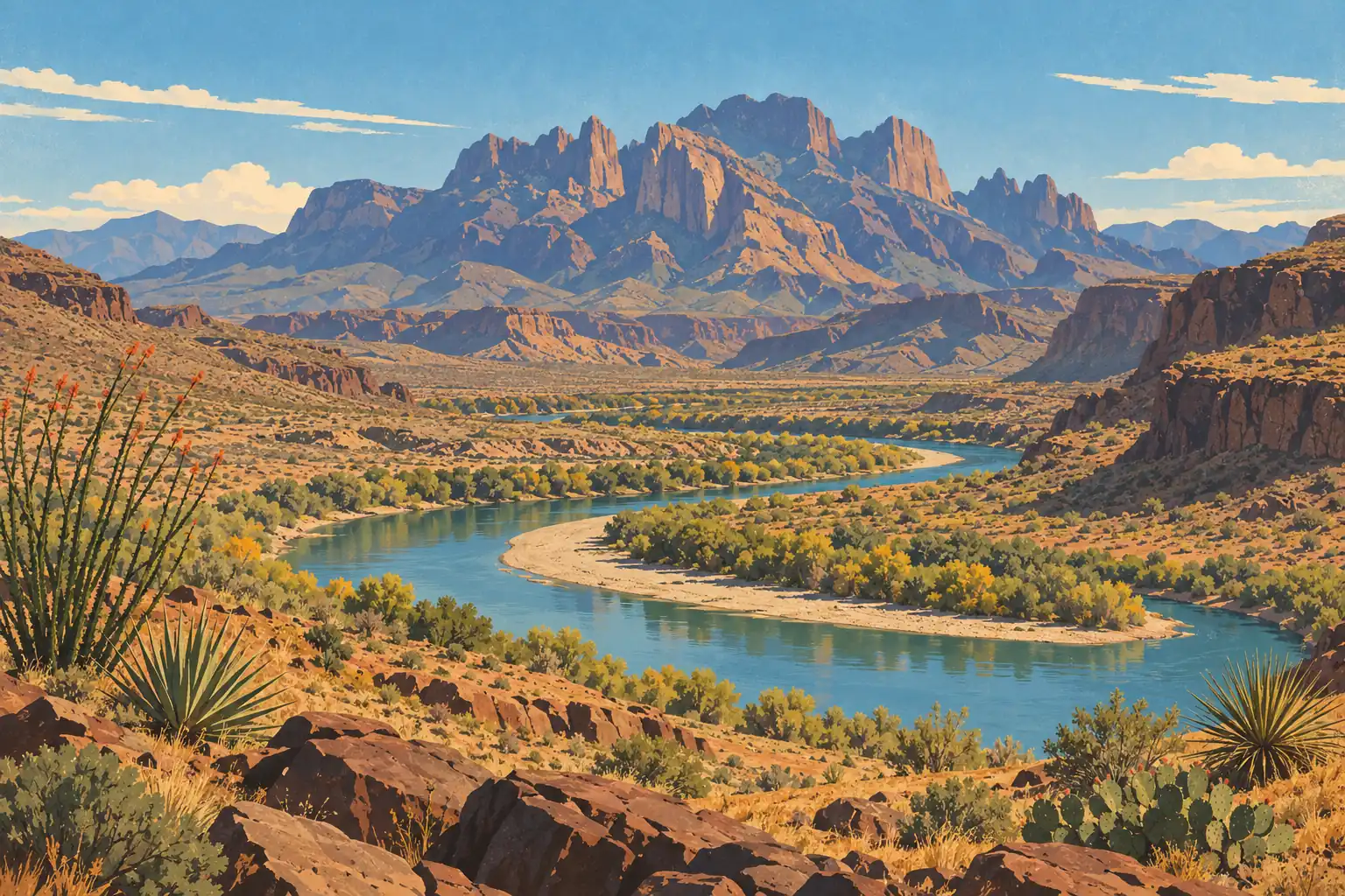A winding river crosses a desert valley among cacti, golden shrubs, rocky cliffs, and high mountain peaks