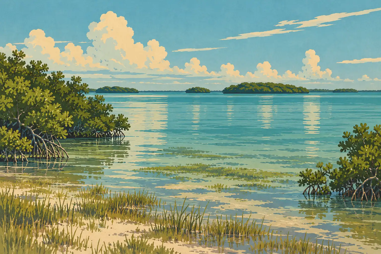Une baie aux eaux calmes bordée de mangroves, avec des herbes au premier plan et des îlots sous un ciel nuageux