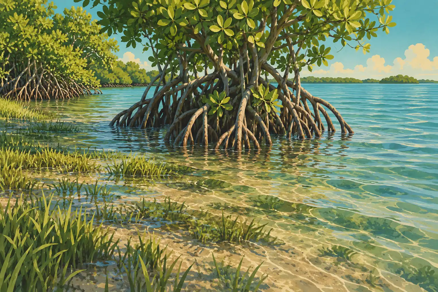 Des palétuviers aux racines enchevêtrées bordent une eau turquoise peu profonde, avec des herbes sur le rivage