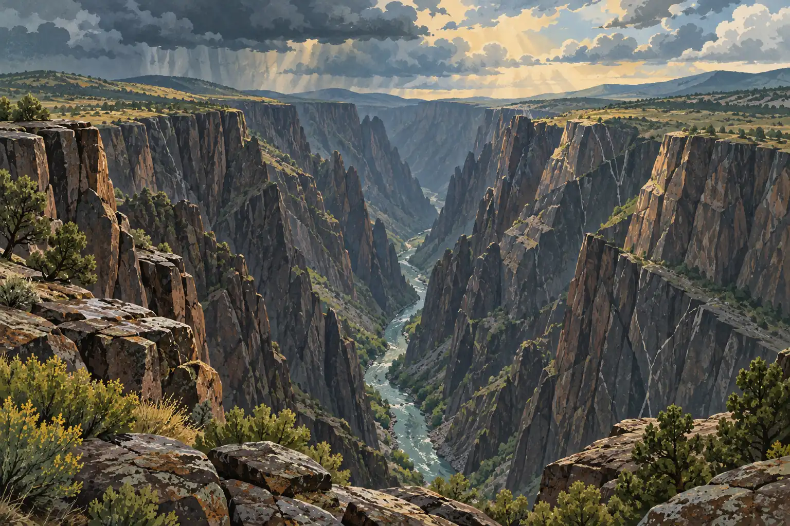Profond canyon aux falaises abruptes traversé par une rivière, sous des nuages d’orage percés de lumière