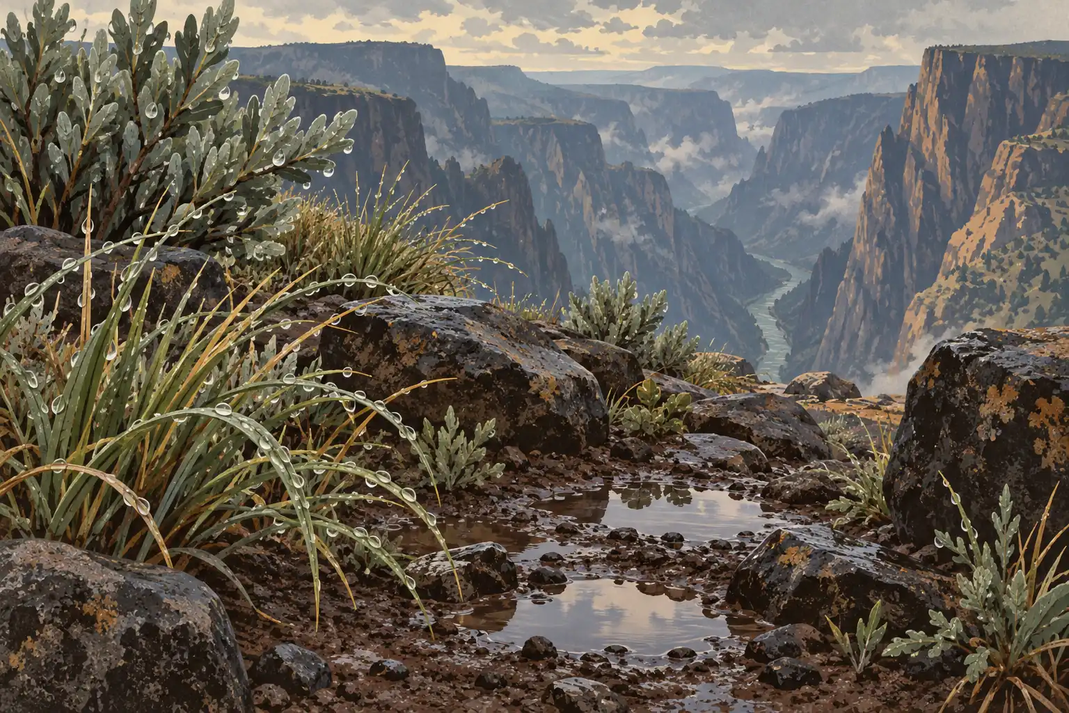 Rochers mouillés et plantes couvertes de gouttes au premier plan, devant un profond canyon traversé par une rivière