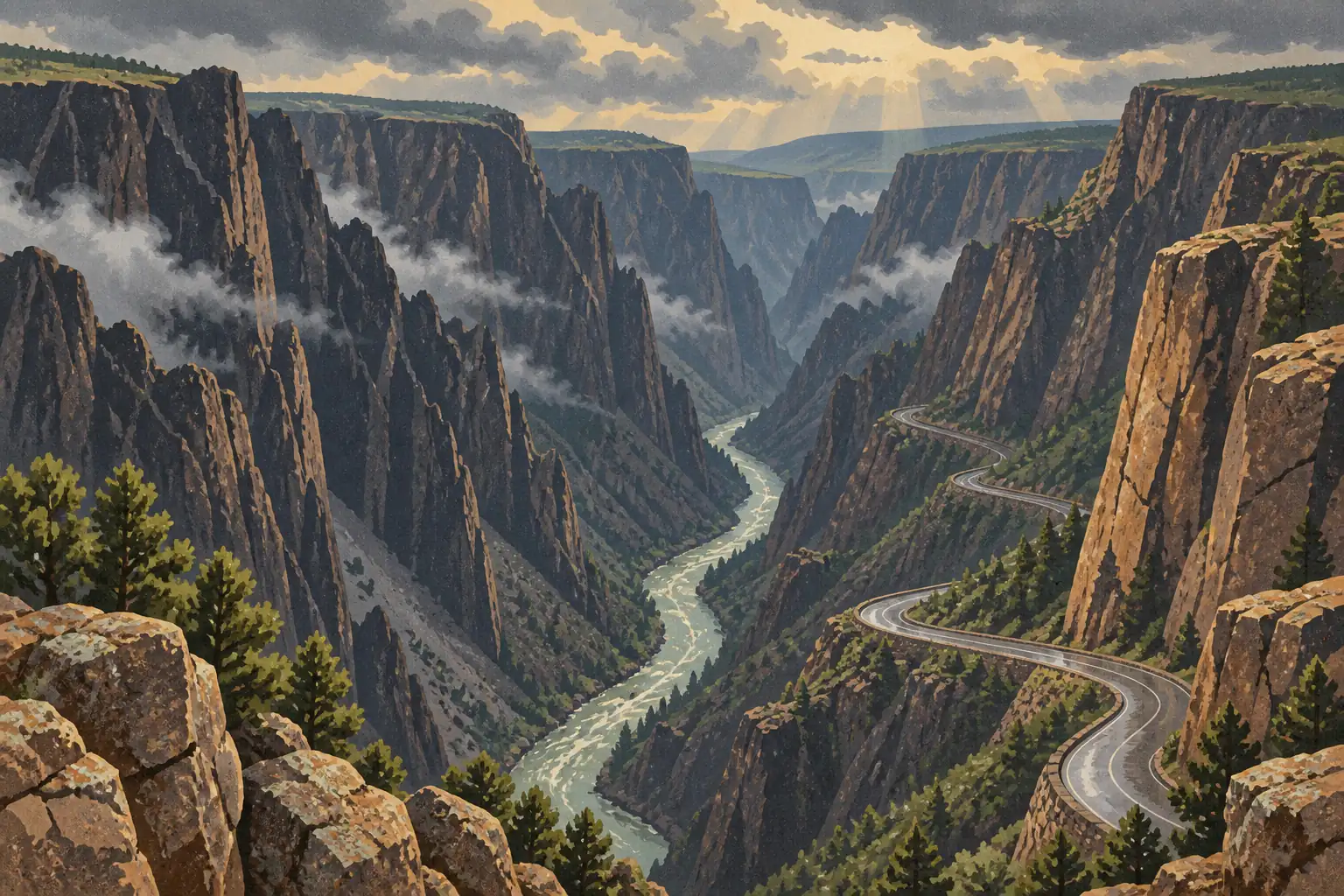 Deep rocky canyon crossed by a river, with a winding road along the cliff beneath a cloudy sky pierced by sunlight