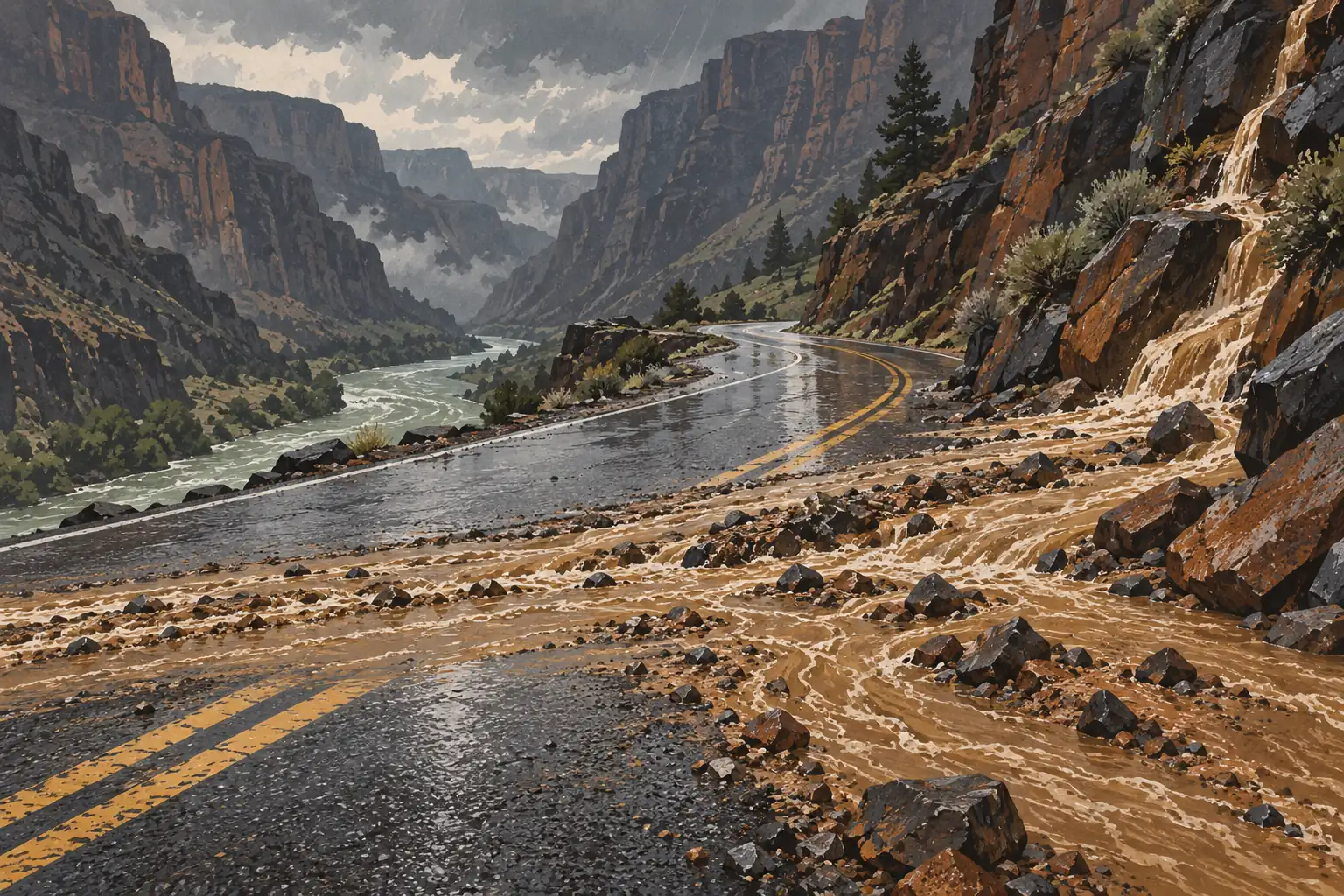 Rain-soaked canyon road crossed by muddy runoff and scattered rocks, with a river and steep cliffs beneath storm clouds