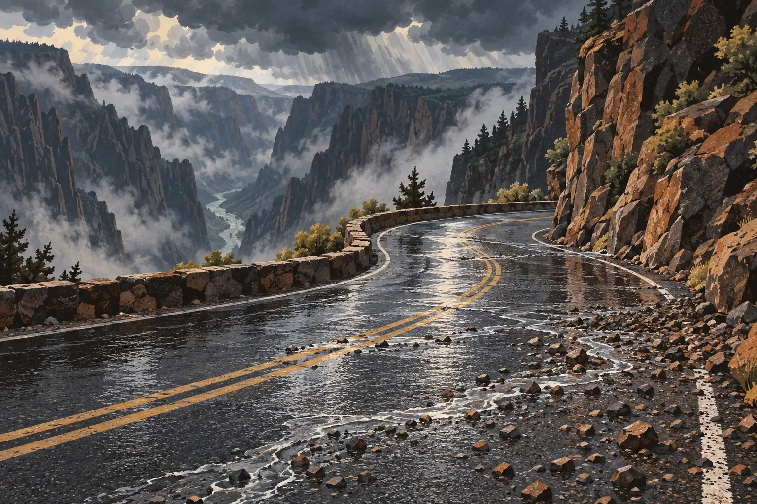 Nasse Bergstraße zwischen felsigen Klippen unter dunklen Gewitterwolken, mit Nebel und einem Fluss tief im Canyon