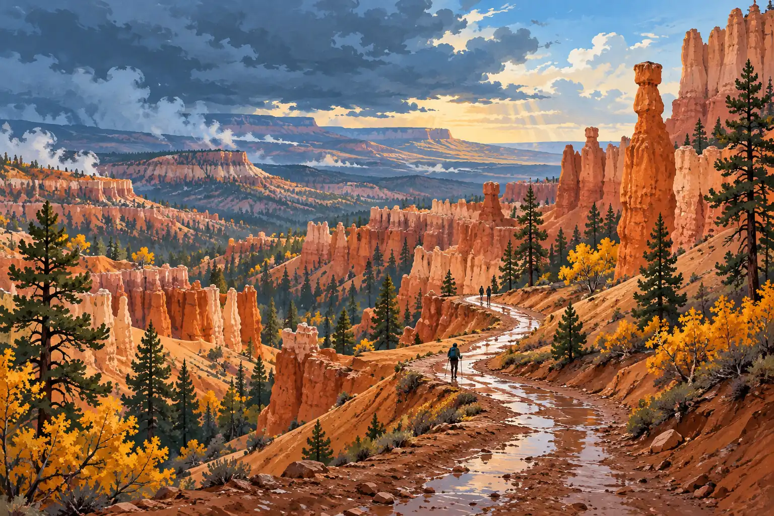 Hikers follow a muddy trail among orange hoodoos and pine trees beneath storm clouds pierced by sunlight