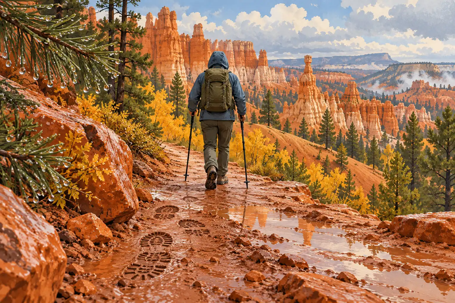 A hooded hiker walks along a muddy trail toward the orange rock spires of Bryce Canyon beneath clearing clouds