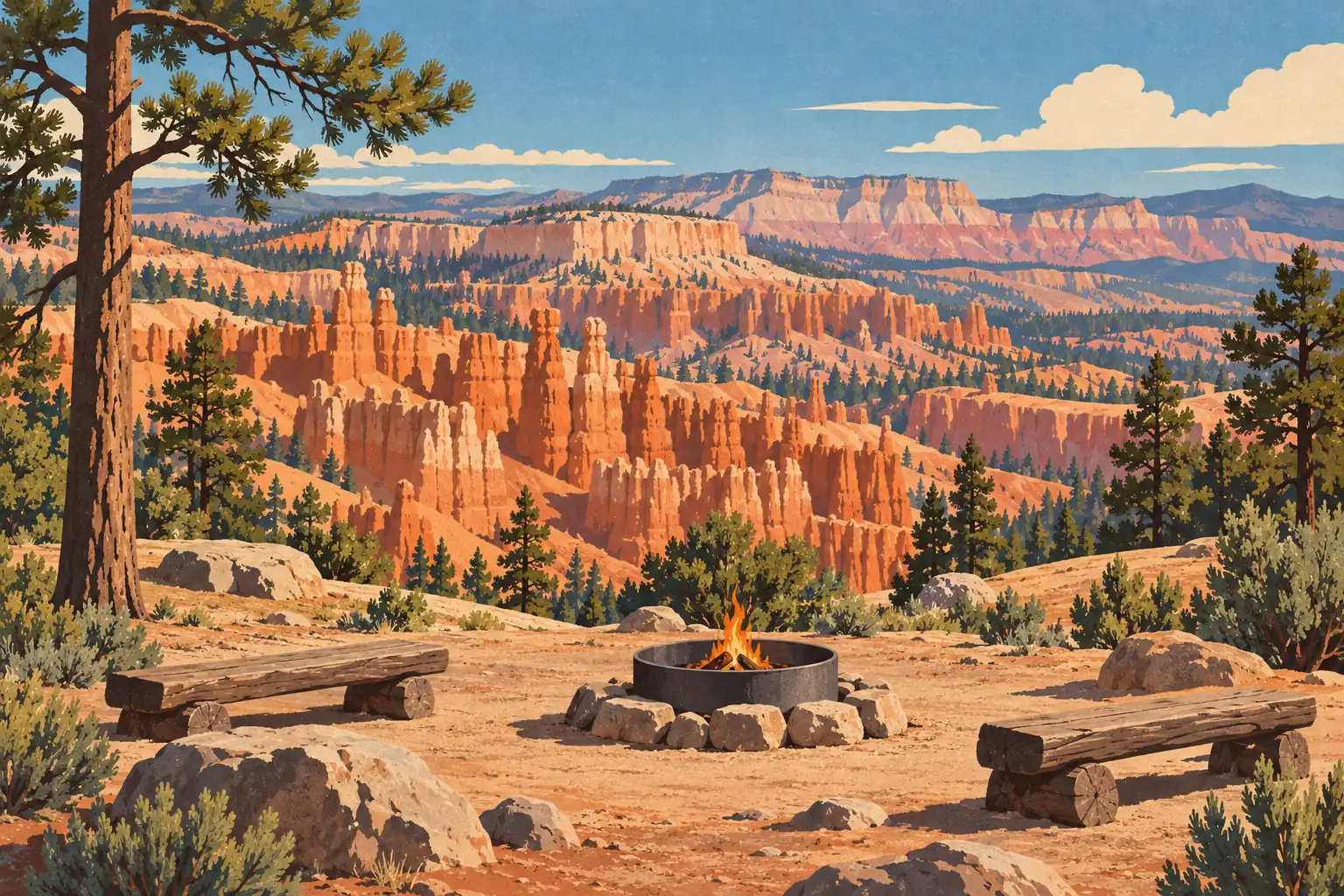 Feu de camp dans un foyer métallique entre deux bancs, face aux hoodoos orangés et aux pins de Bryce Canyon