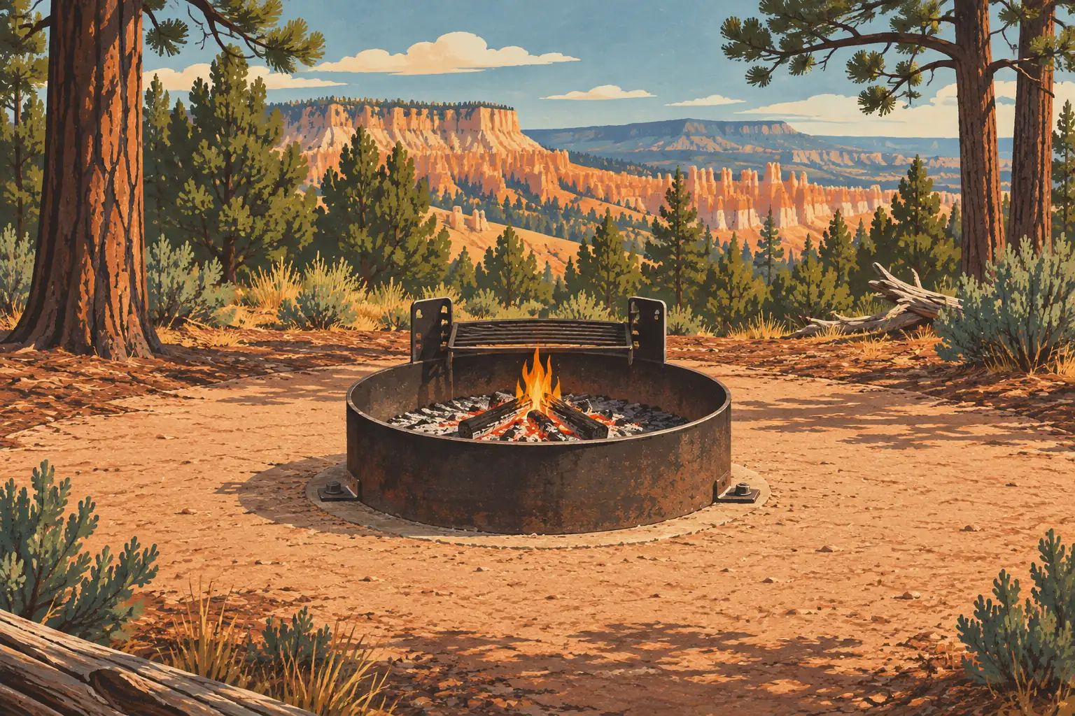 Foyer métallique avec feu et grille au premier plan, au milieu des pins, face aux falaises orangées de Bryce Canyon
