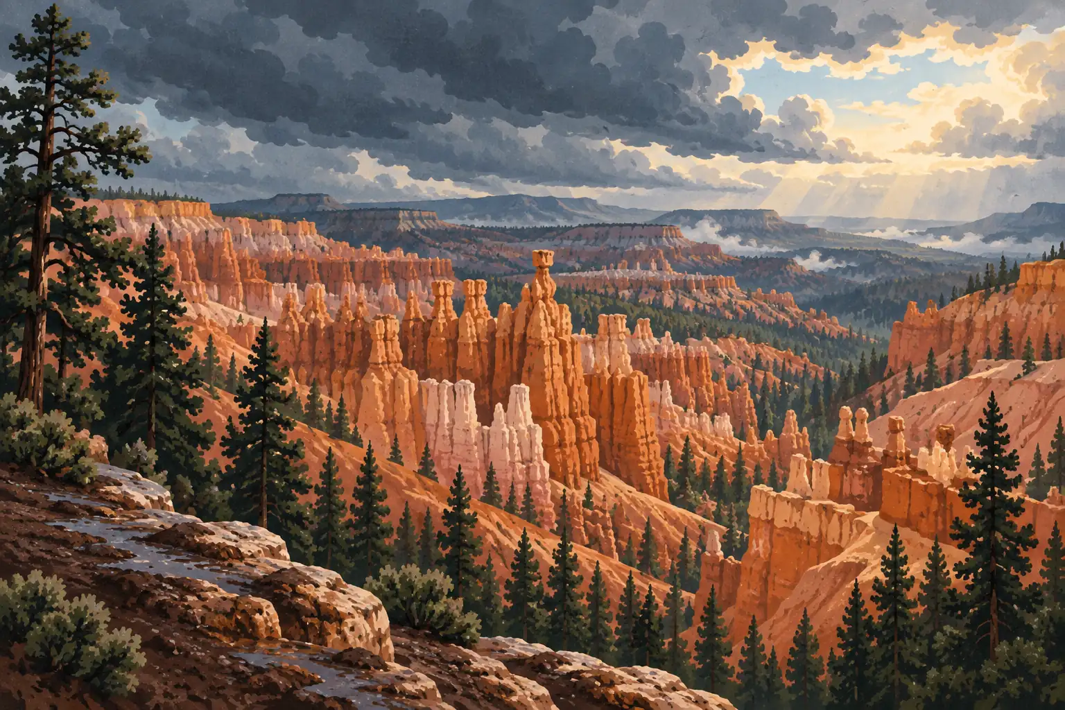 Blick über den Bryce Canyon unter schweren Wolken, mit orangefarbenen Felstürmen, Kiefern, fernen Tafelbergen und Sonnenstrahlen