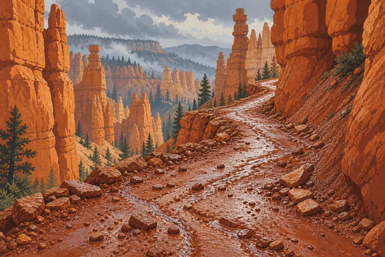 Schlammiger, von Wasser durchzogener Pfad zwischen orangefarbenen Hoodoos und Kiefern im Bryce Canyon unter dichten Wolken