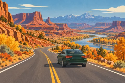 A green car travels along a winding road through red cliffs, autumn trees, a river and snow-capped mountains