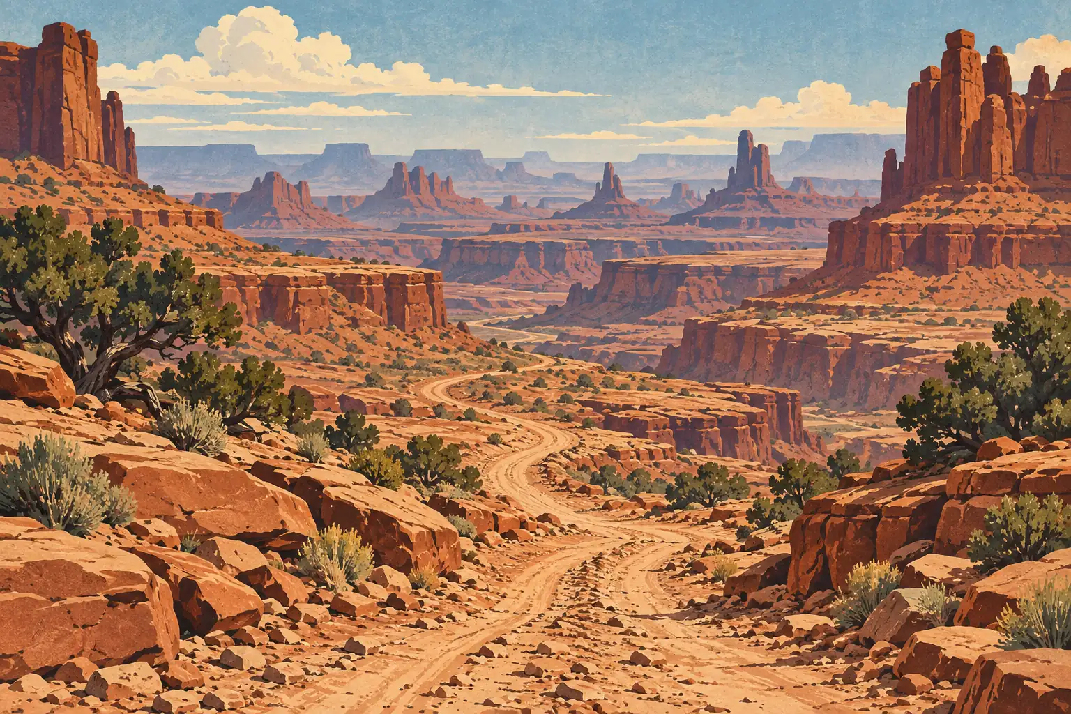 Eine kurvenreiche Sandpiste führt durch eine weite Wüstenschlucht mit roten Klippen, Tafelbergen, Felsen und Sträuchern