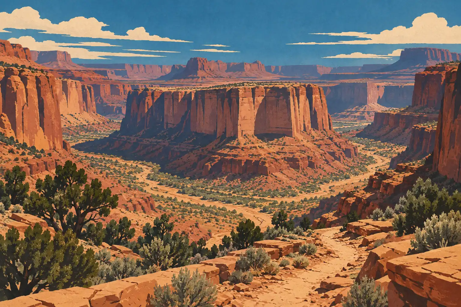 Vast desert canyon with red cliffs, rocky mesas, a winding sandy trail, scattered shrubs and a blue sky with clouds