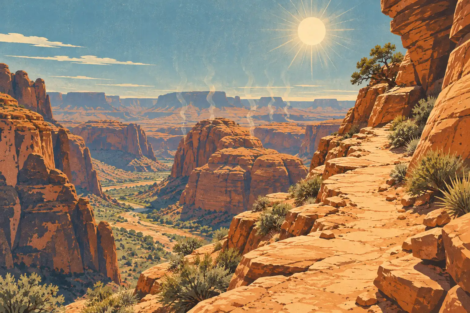 Rocky trail overlooking a vast desert canyon, with red cliffs, sparse vegetation and a bright sun overhead