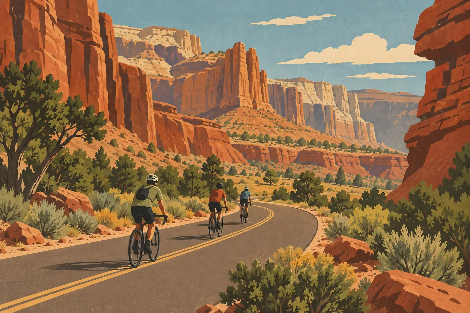 Trois cyclistes roulent sur une route sinueuse entre falaises rouges, arbustes et montagnes sous un ciel bleu