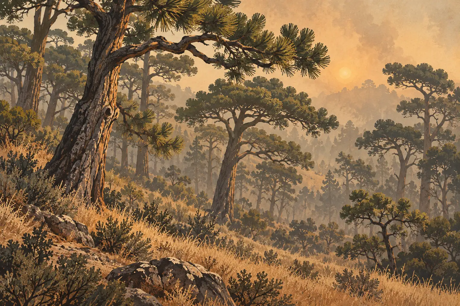 Forêt de pins aux troncs noueux sur une pente rocheuse couverte d’herbes sèches, dans une lumière dorée et brumeuse