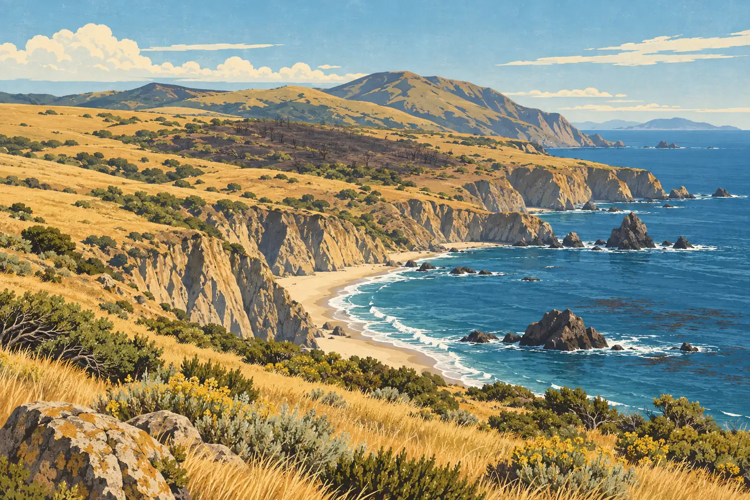 Golden cliffs and secluded beaches line a blue ocean, backed by dry hills, low shrubs and a dark burned area