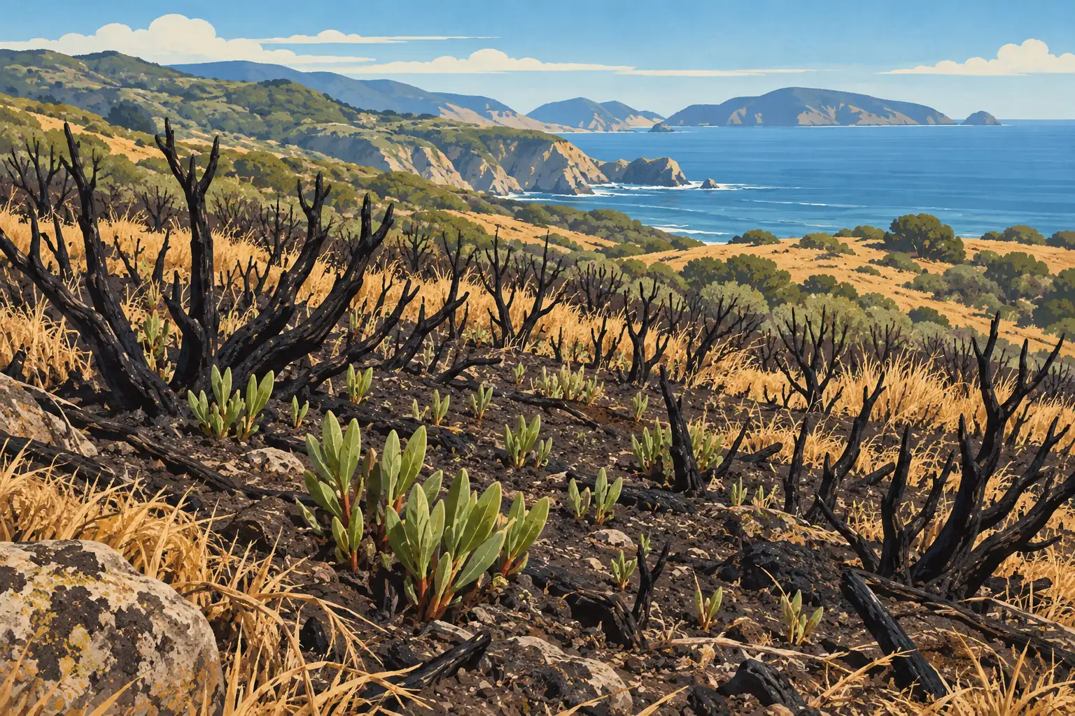 Fresh green shoots grow among charred shrubs on a coastal hillside overlooking cliffs, blue ocean and distant islands