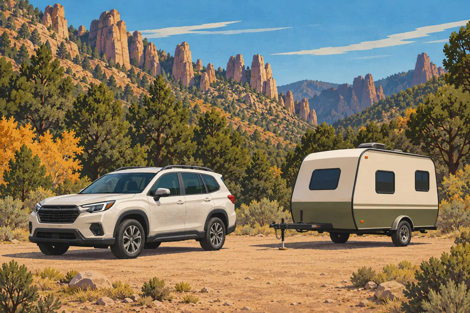 Un SUV blanc et une caravane sont stationnés sur un sol sablonneux, devant des arbres et de hautes formations rocheuses