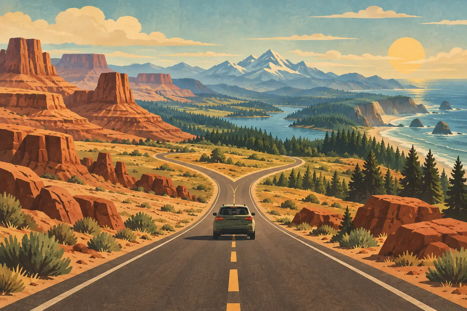 Une voiture roule vers une bifurcation entre canyons rouges, forêts, lacs, montagnes enneigées et côte au soleil couchant