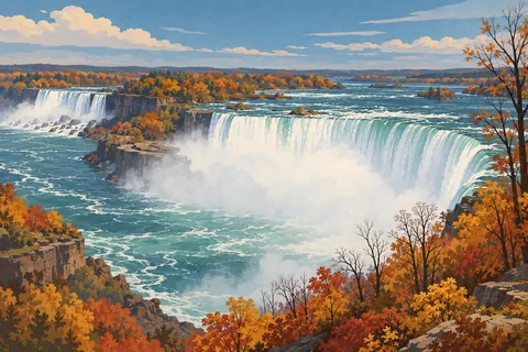Les chutes du Niagara se déversent dans un fleuve turquoise, entre des falaises boisées aux couleurs d’automne